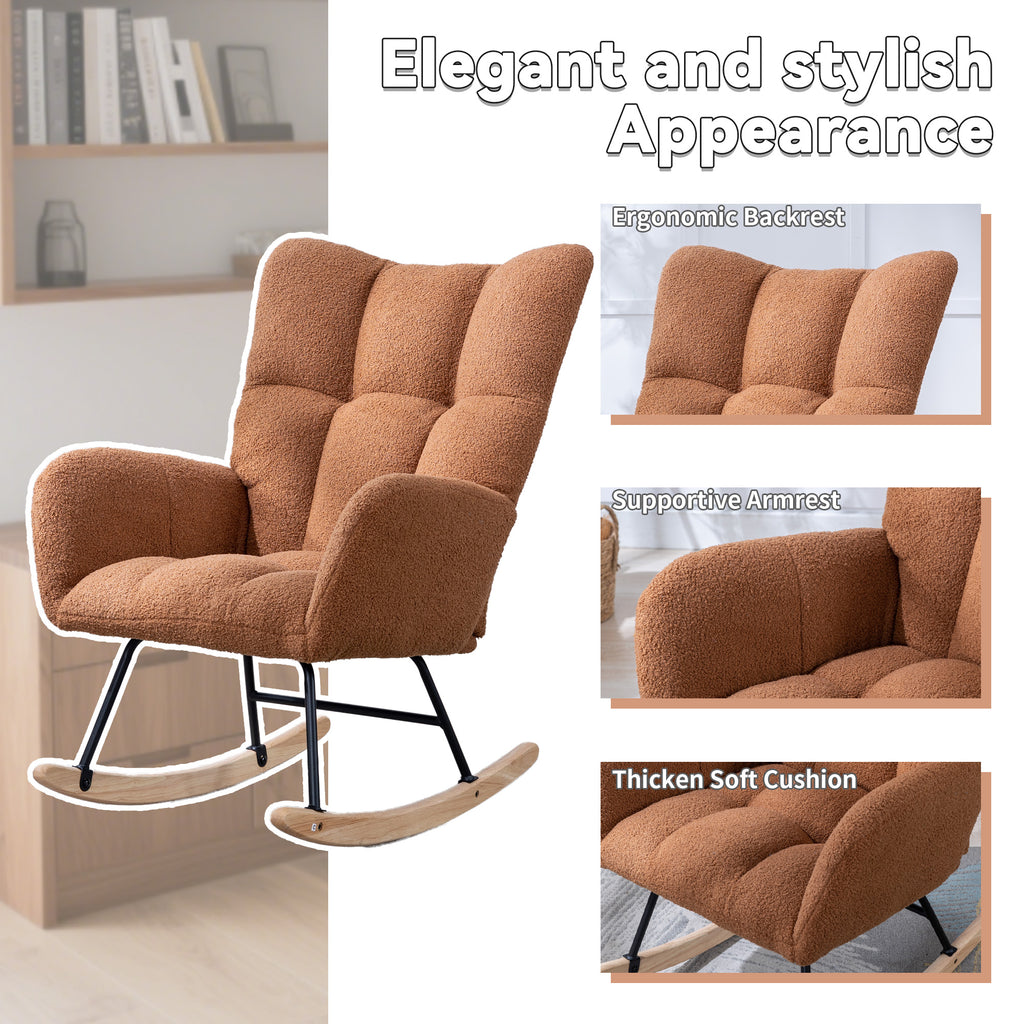 Silla de rock de tela de osito con bolsillo, Silla de rock suave para el cuarto de bebé, Silla de rock con respaldo en forma de alas cómoda con base de madera sólida segura, Sala de estar, Marrón