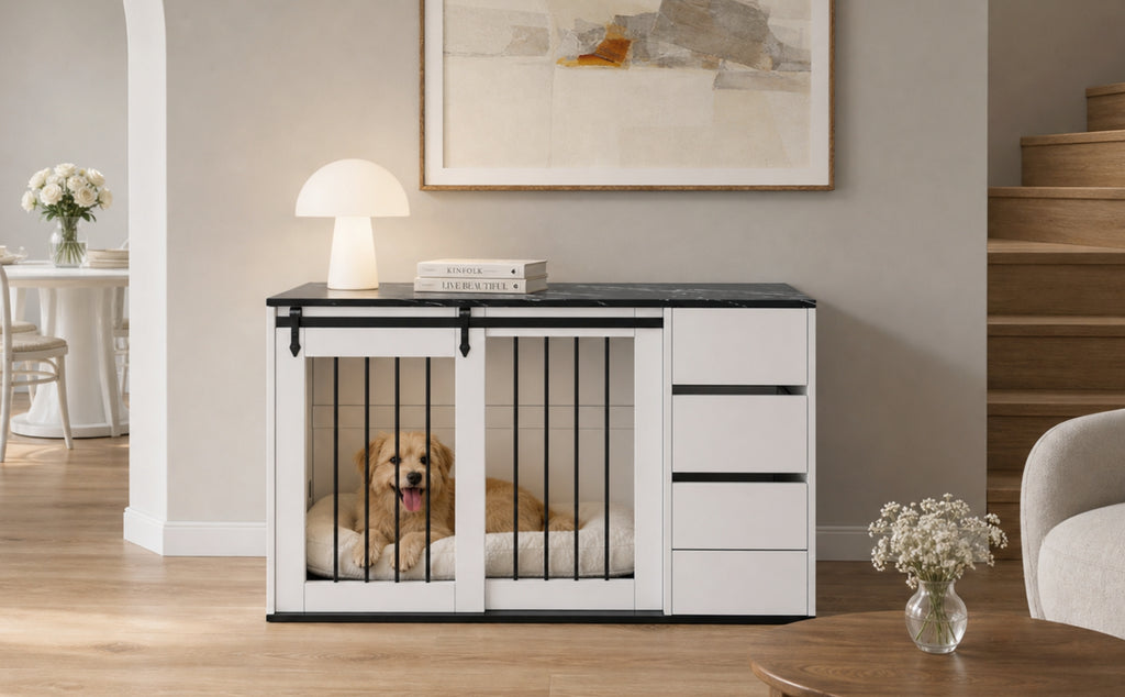 Caja para perro 2 en 1, Hoguera interior para perro, Caja para perro de madera y metal en diseño de mobiliario, como mesita de noche, para perros pequeños a medianos, 140 x 60 x 87 cm, blanca, Mesa con folio de aspecto de mármol negro