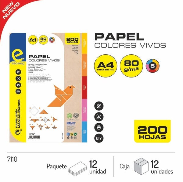PAQUETE 200 HOJAS PAPEL COLORES VIVOS A4 80GR