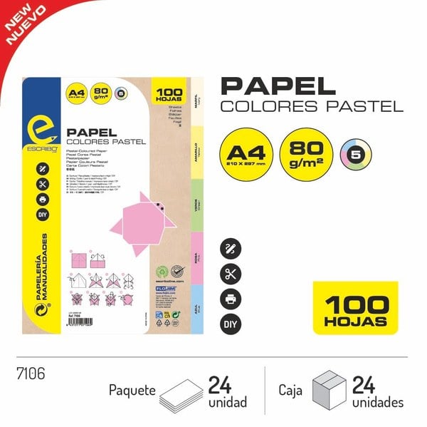 Paquete 100 Hojas Papel Colores Pastel A4 80gr