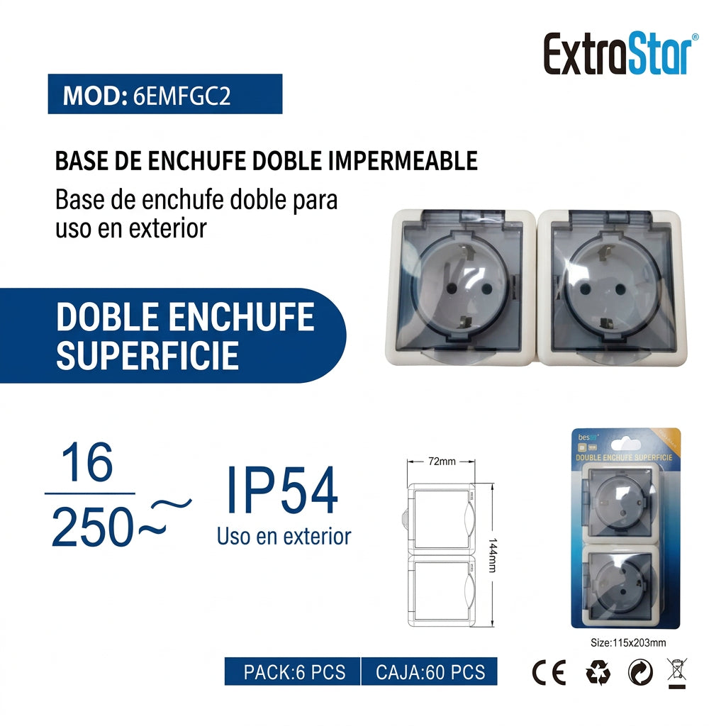 BASE DE ENCHUFE DOBLE IMPERMEABLE IP54