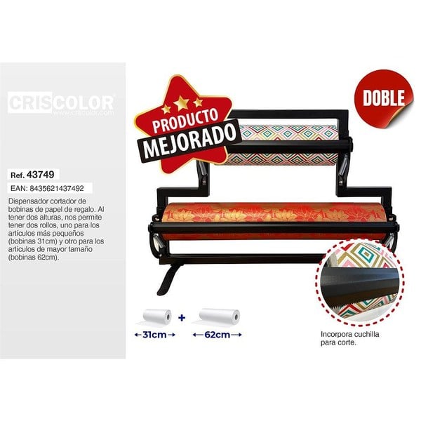 Dispensador Cortador Bobina Papel Doble 31+62cm