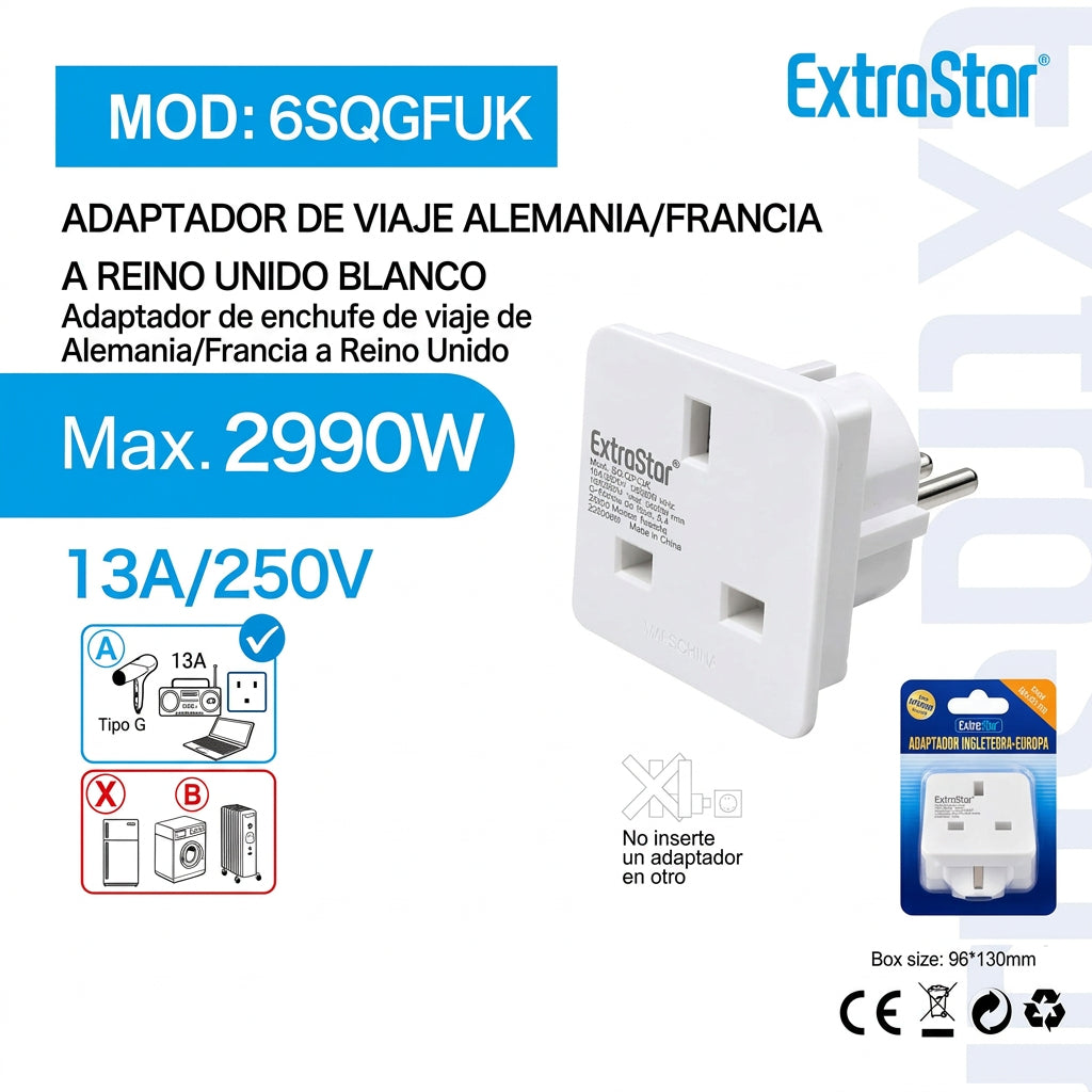Adaptador de Viaje Alemania Francia a Reino Unido