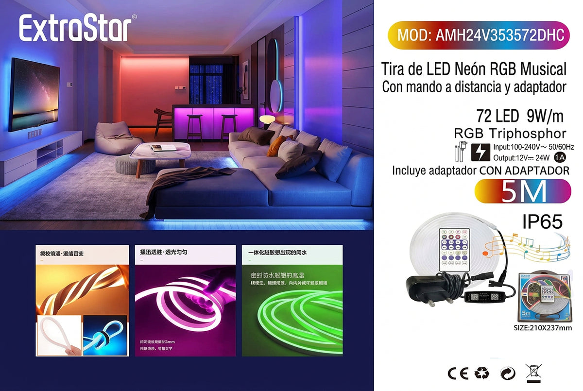 TIRA DE LED NEON RGB MUSICAL 5M CON MANDO Y ADAPTADOR