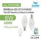 Bombilla LED C37 E14 6W 4200K Pack2