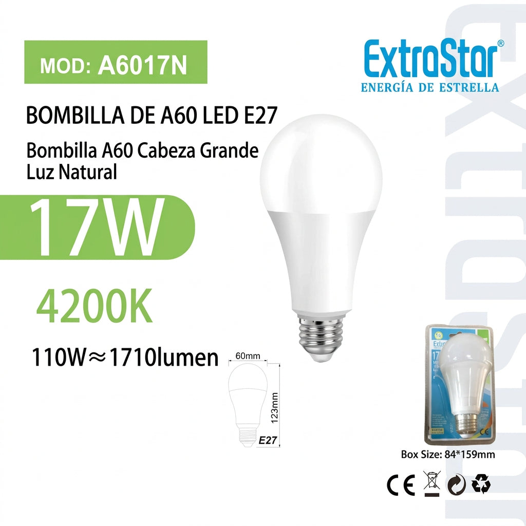Bombilla LED A60 17W E27 Luz Natural
