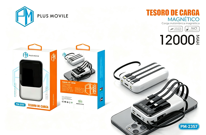 Magnetische Powerbank Plus Movile 12000mAh mit integrierten Kabeln | PM-2359