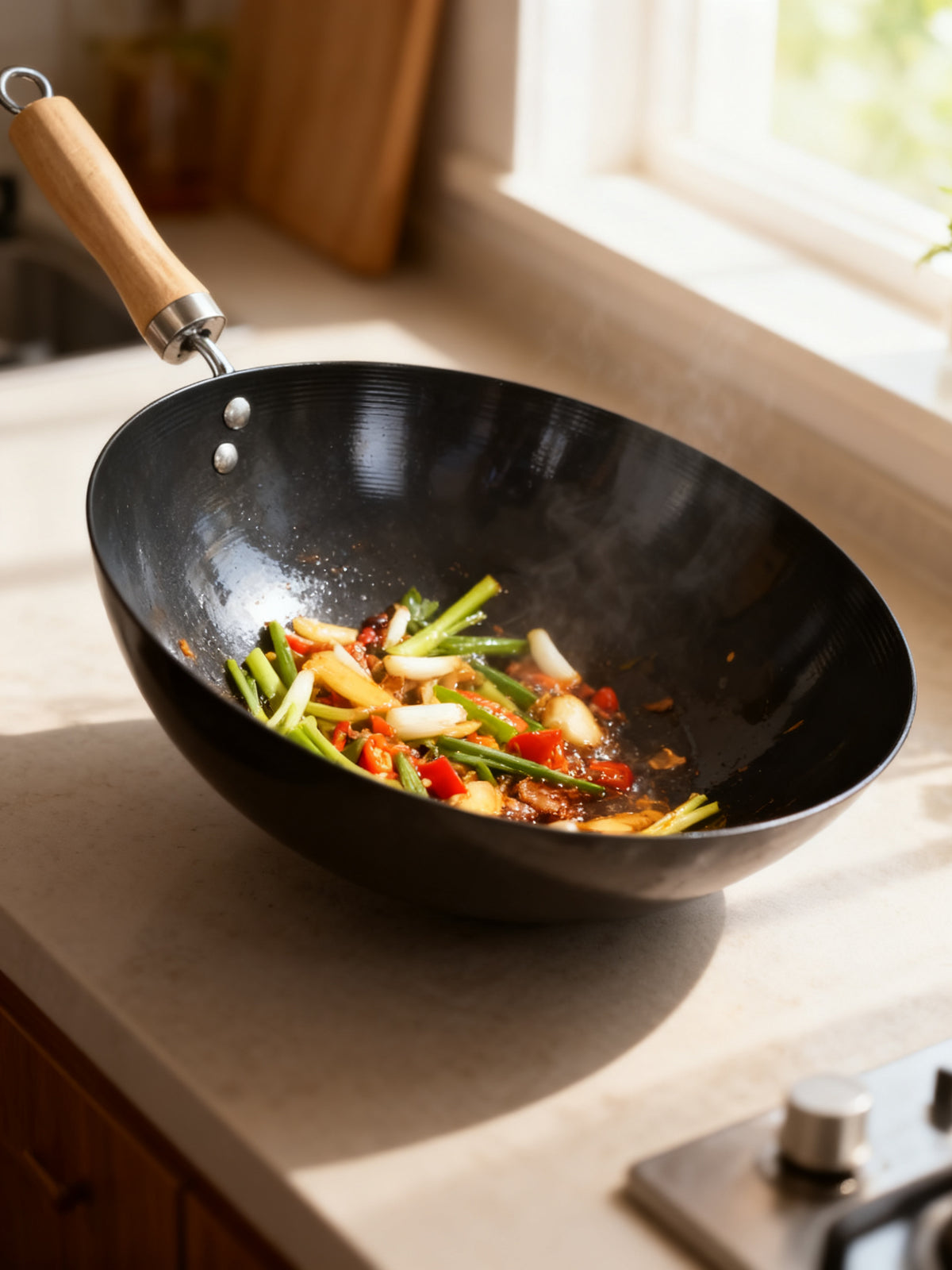 Wok 28cm con mango de madera