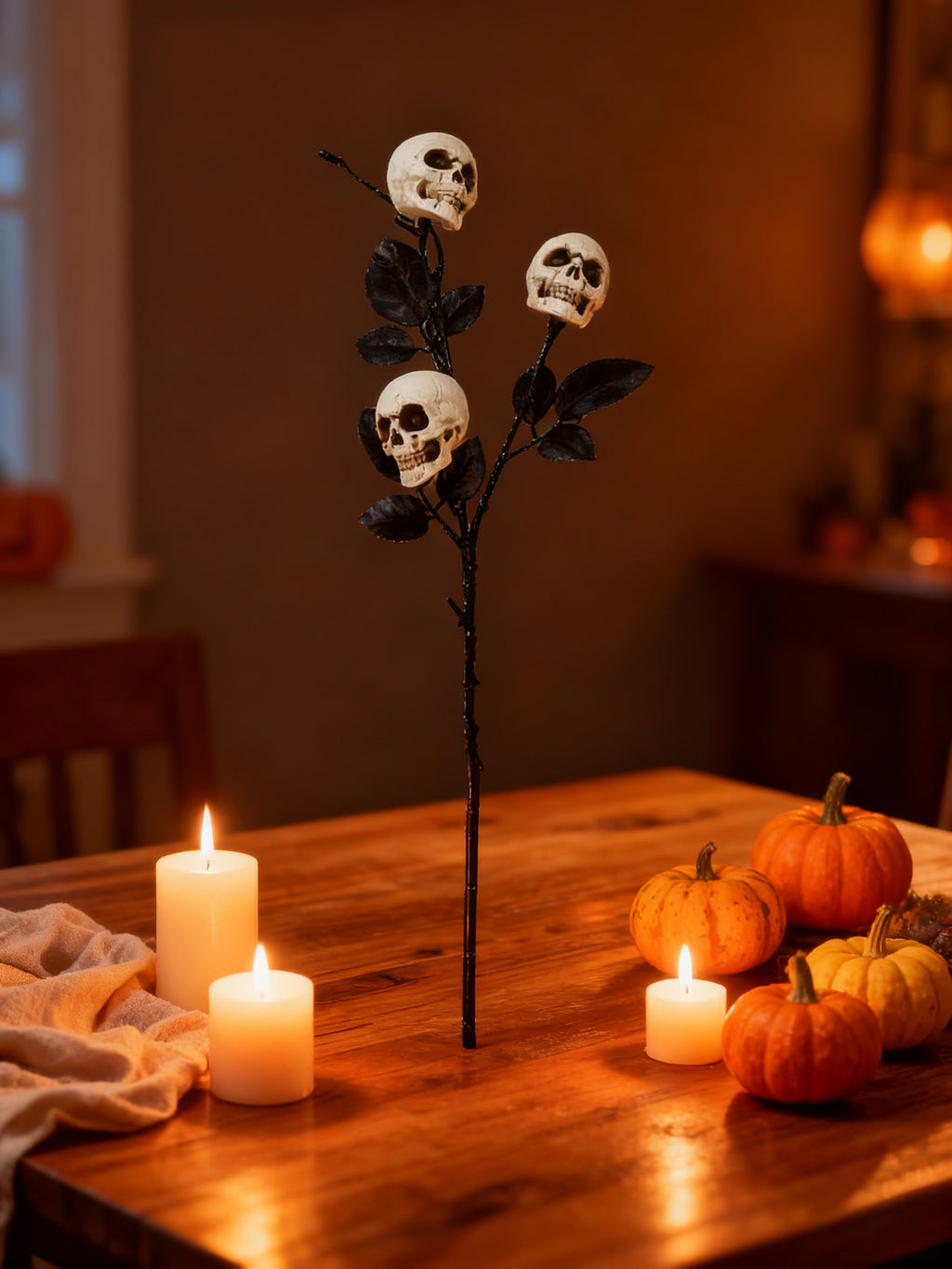 Rama Negra Halloween con 3 Calaveras