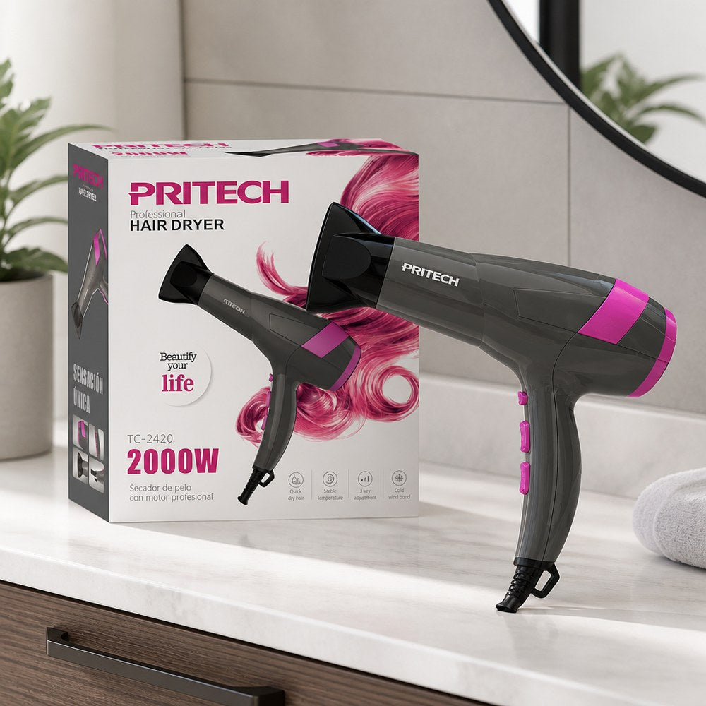 Haartrockner Pritech TC-2420 2000W | 3 Temperaturen + Kaltluft – Zuhause und Professionell