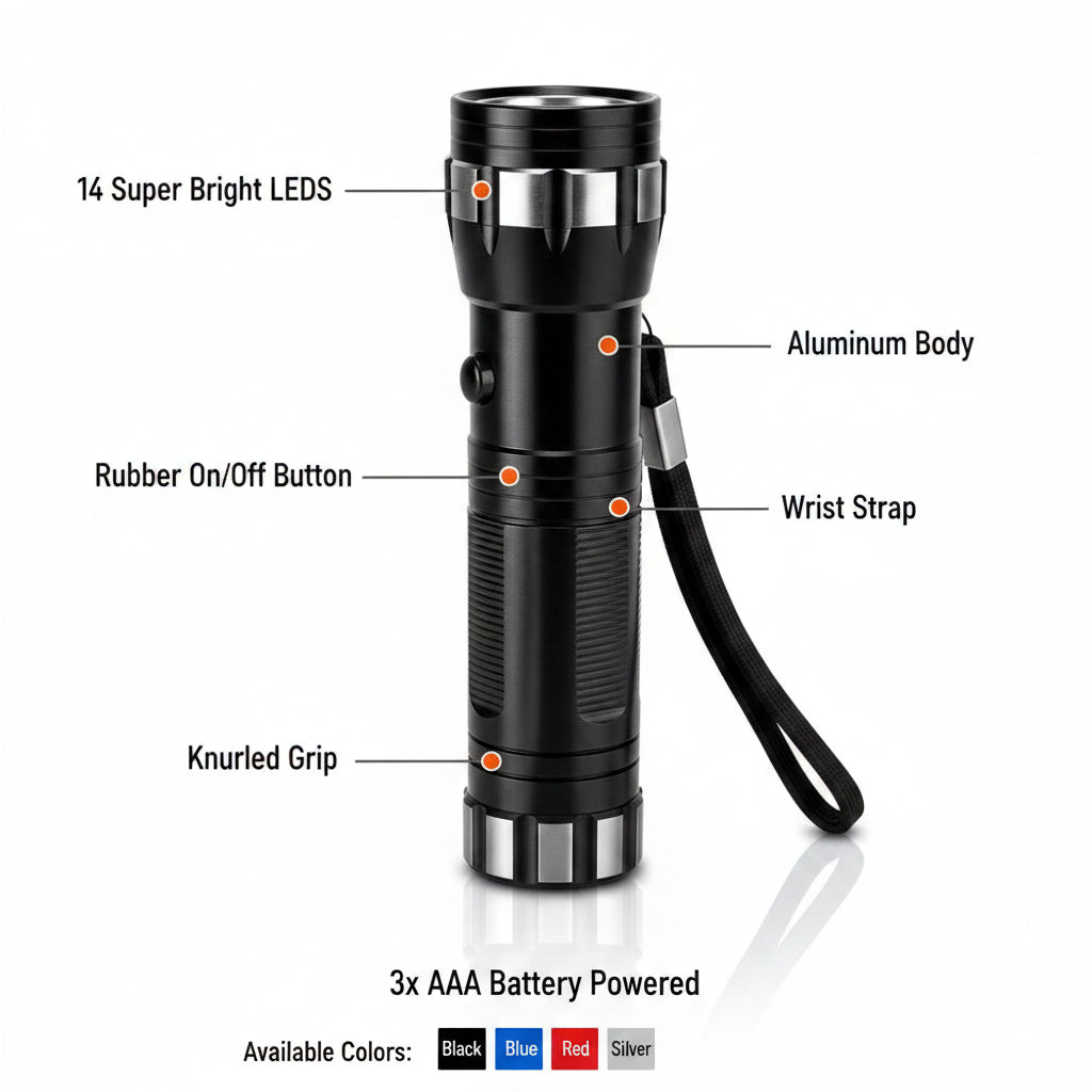 LED Flashlight 14 LEDs PM-1755 | 3 AAA Batteries | Random Color – Camping and Emergencies