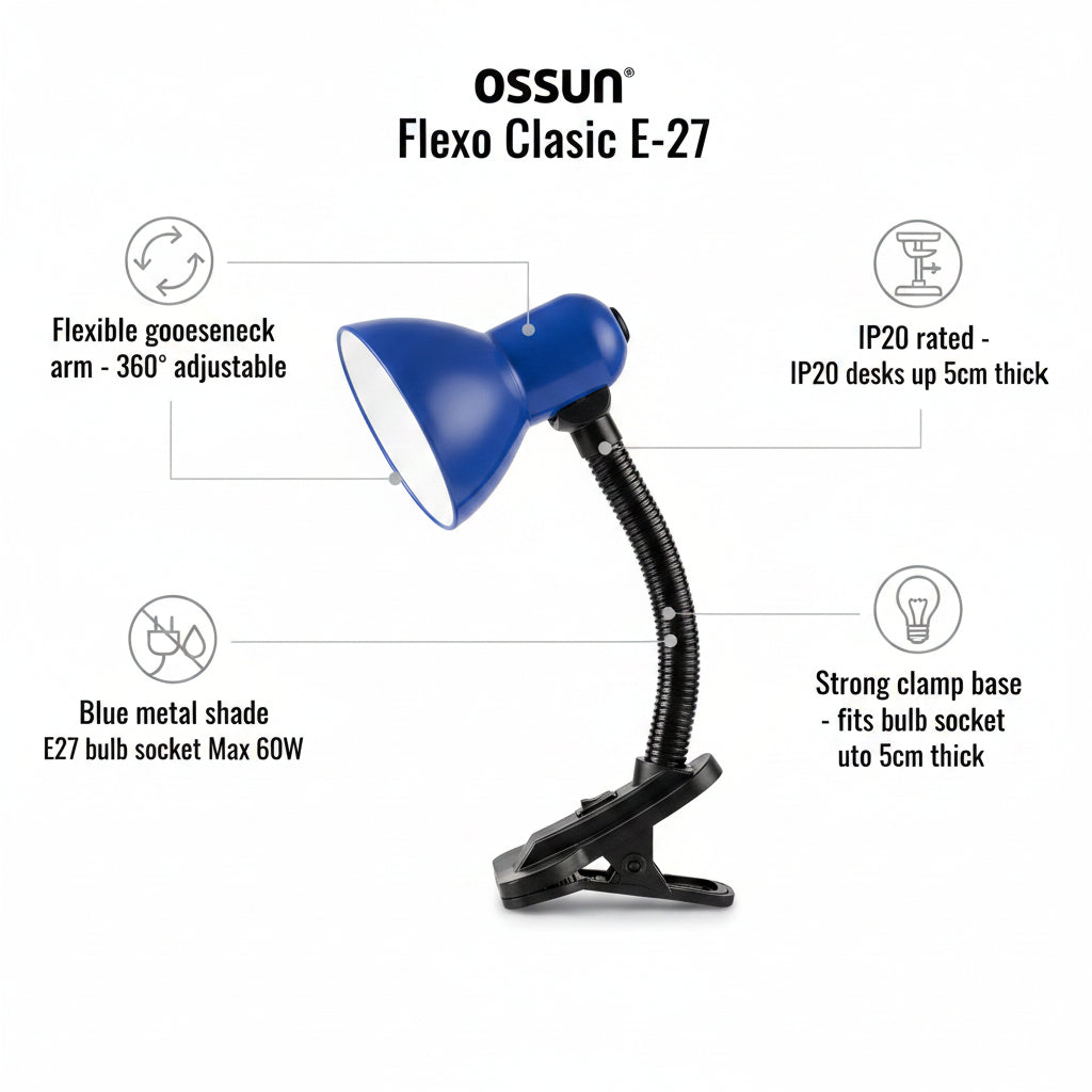 Clip-On Desk Lamp | Flexible Neck | Blue – Study and Work