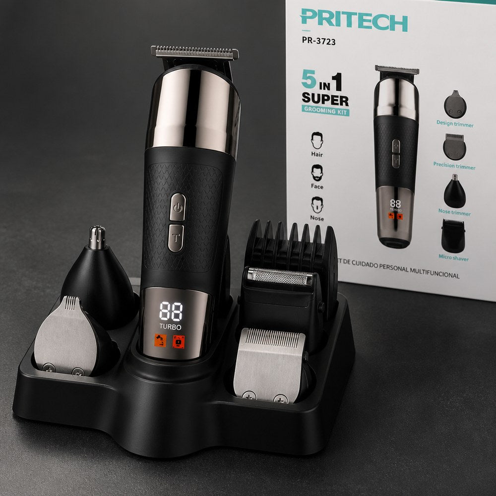 Pritech 5-in-1 Personal Care Kit | Hair, Beard and Nose | Digital Display | Home and Travel