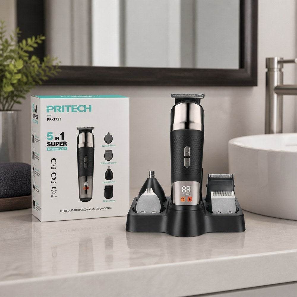 Pritech 5-in-1 Personal Care Kit | Hair, Beard and Nose | Digital Display | Home and Travel