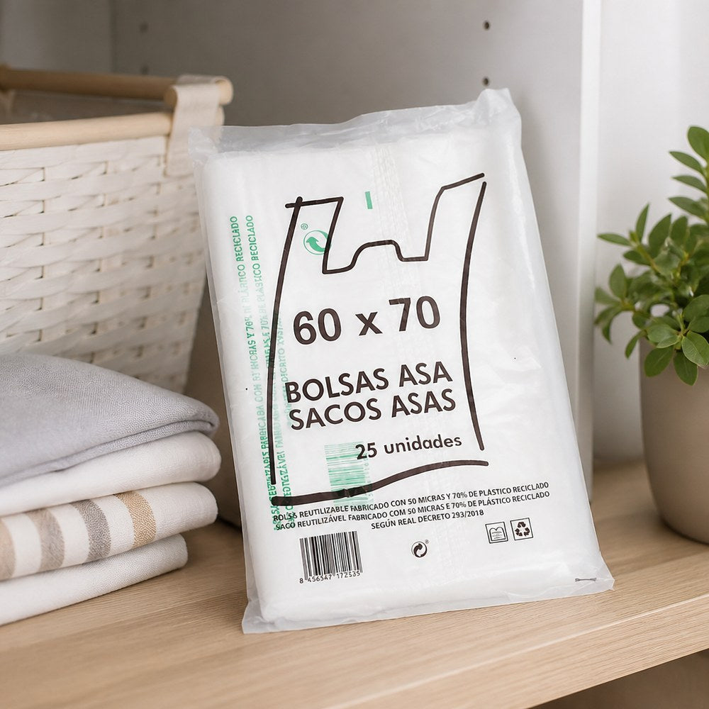 Einkaufstüten aus recyceltem Kunststoff 60x70 cm | Packung 25 Stk. | 70 % recycelt | 50 Mikron