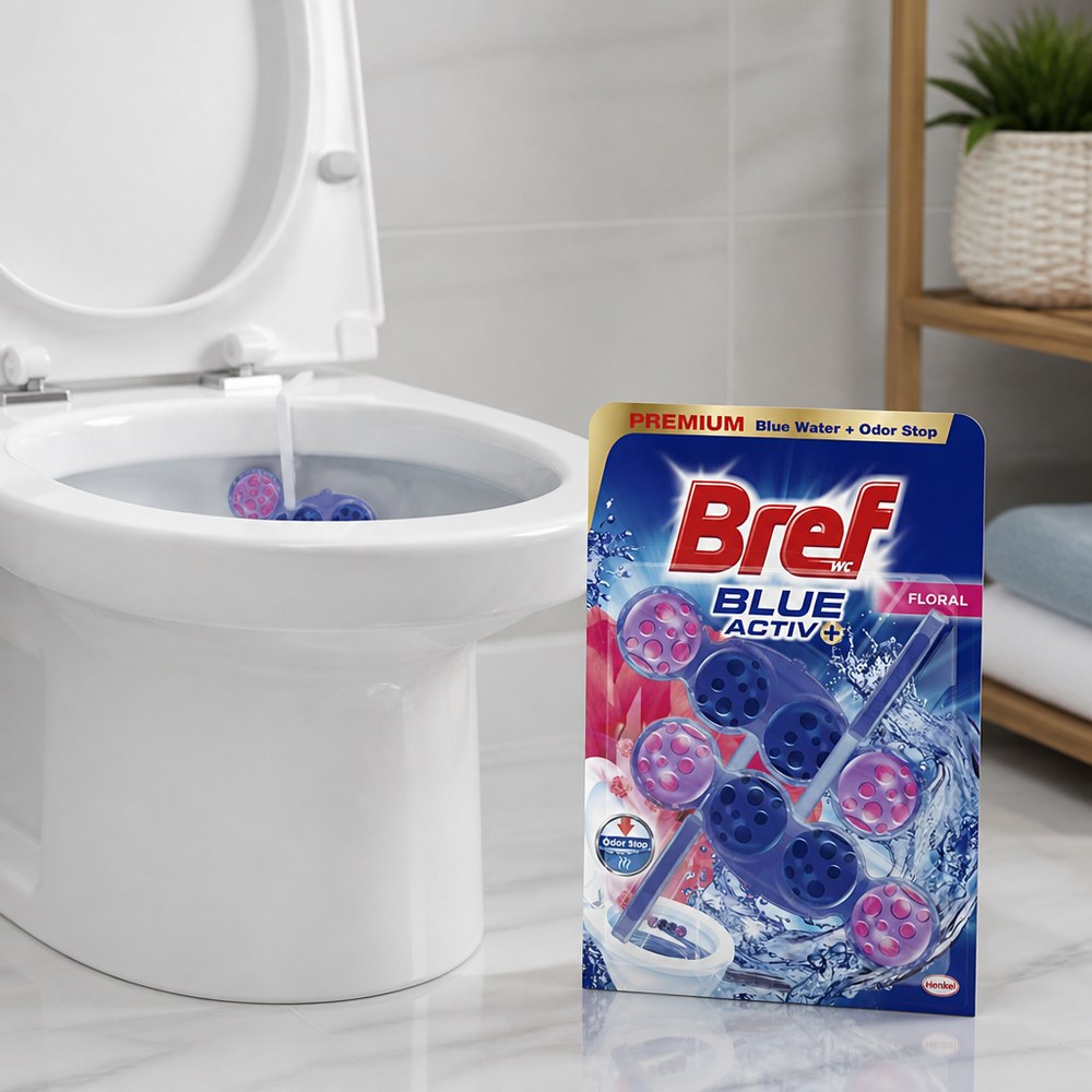Bref Blue Activ+ WC-Reiniger | Blaue und rosafarbene Kugeln | Blaues Wasser bei jeder Spülung