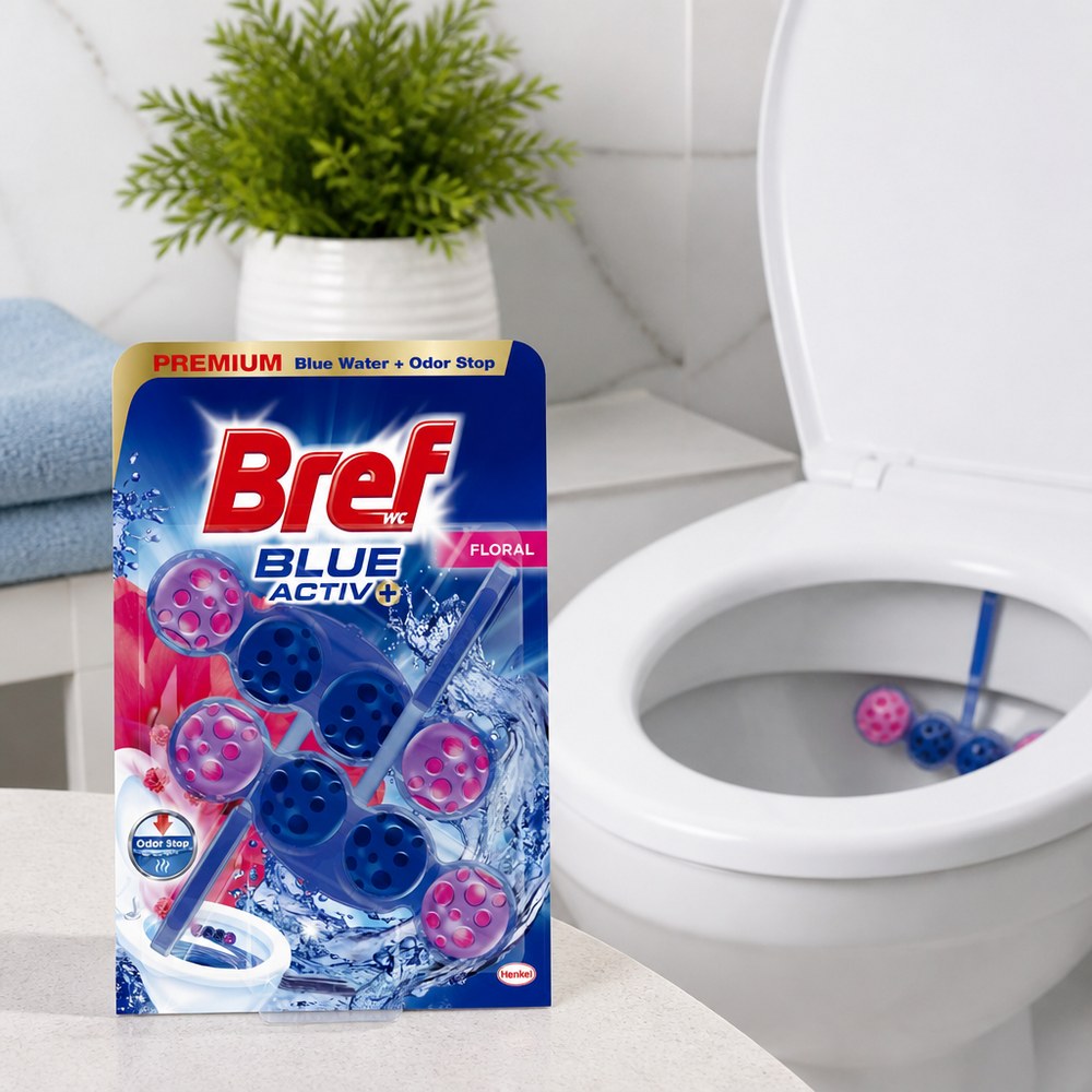 Bref Blue Activ+ WC-Reiniger | Blaue und rosafarbene Kugeln | Blaues Wasser bei jeder Spülung