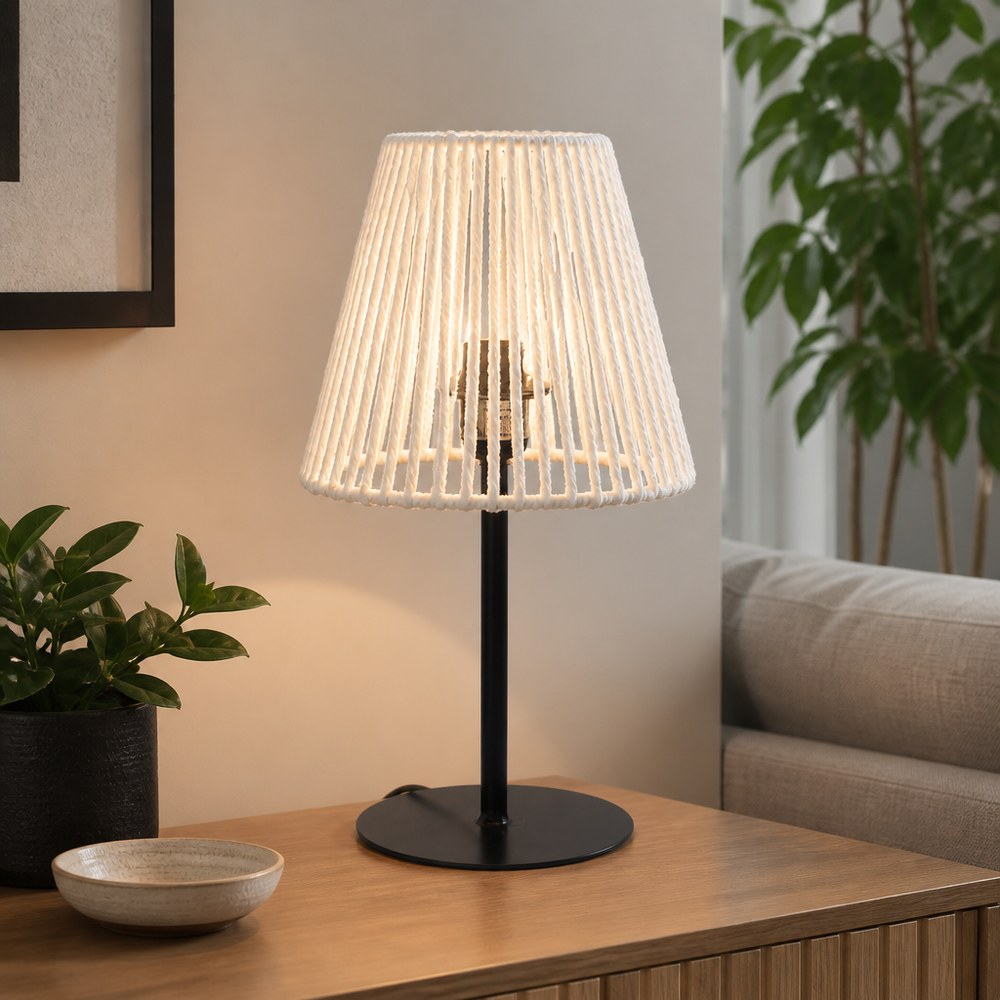 Moderne Designer-Tischlampe | Schwarzer Sockel und Weißer Schirm | Warmes Licht | Wohnzimmer