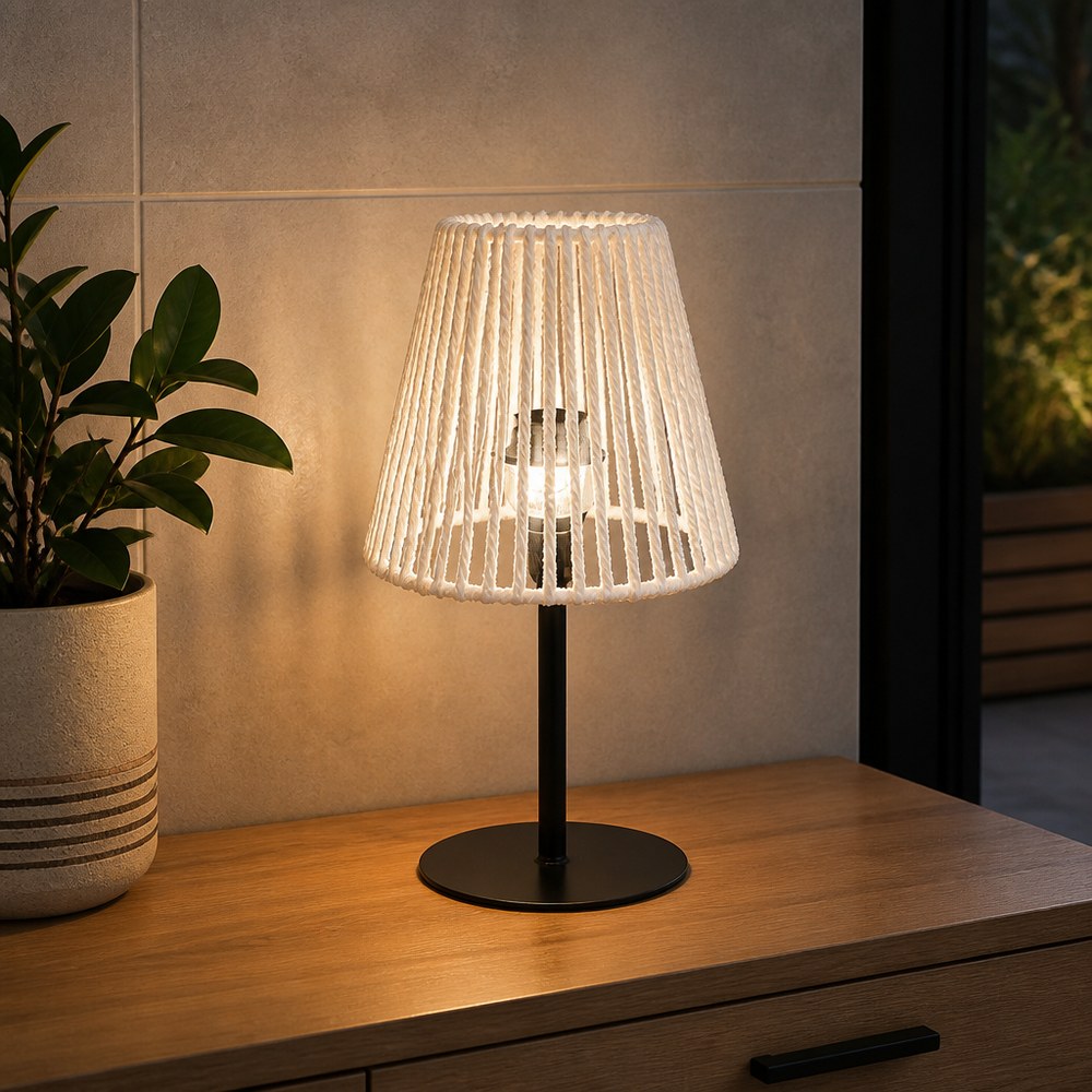 Moderne Designer-Tischlampe | Schwarzer Sockel und Weißer Schirm | Warmes Licht | Wohnzimmer