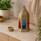 Dekorative Laterne Mehrfarbig | Gold-Finish | Rot- und Blauglas | Haus & Garten