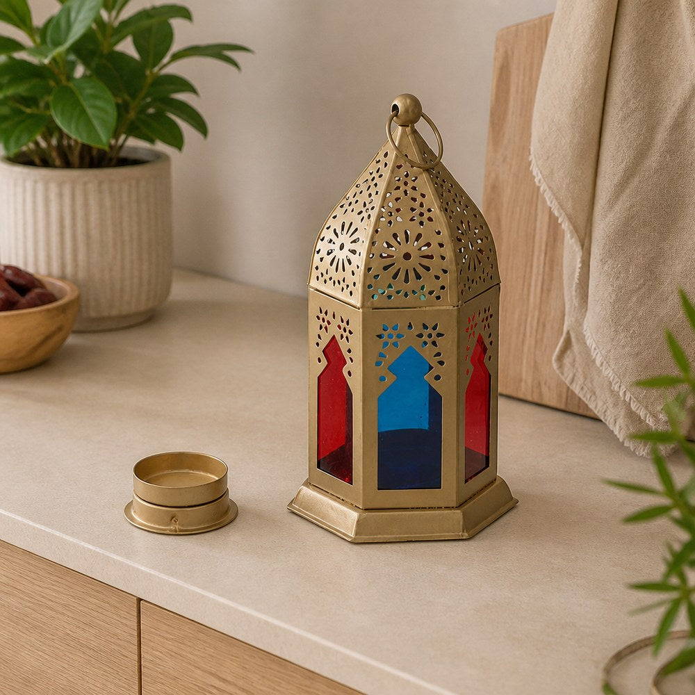 Dekorative Laterne Mehrfarbig | Gold-Finish | Rot- und Blauglas | Haus & Garten