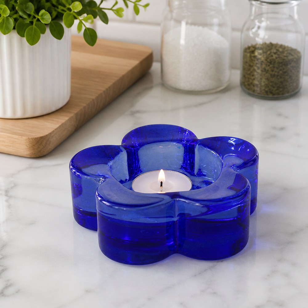 Blue Glass Candle Holder | Flower Shape Design | Home Decor
